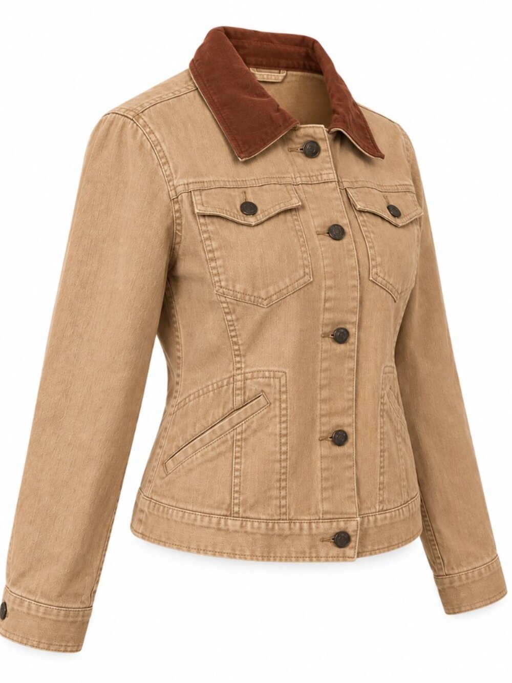 Lauren Ralph Lauren Tan Trucker Jacket Leather Collar Khaki Stretch Denim Med - Picture 2 of 6
